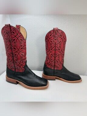 Anderson Bean Cowboy Boots 13” Black Smooth Ostrich Red Shaft  Size 9 D USA EUC
